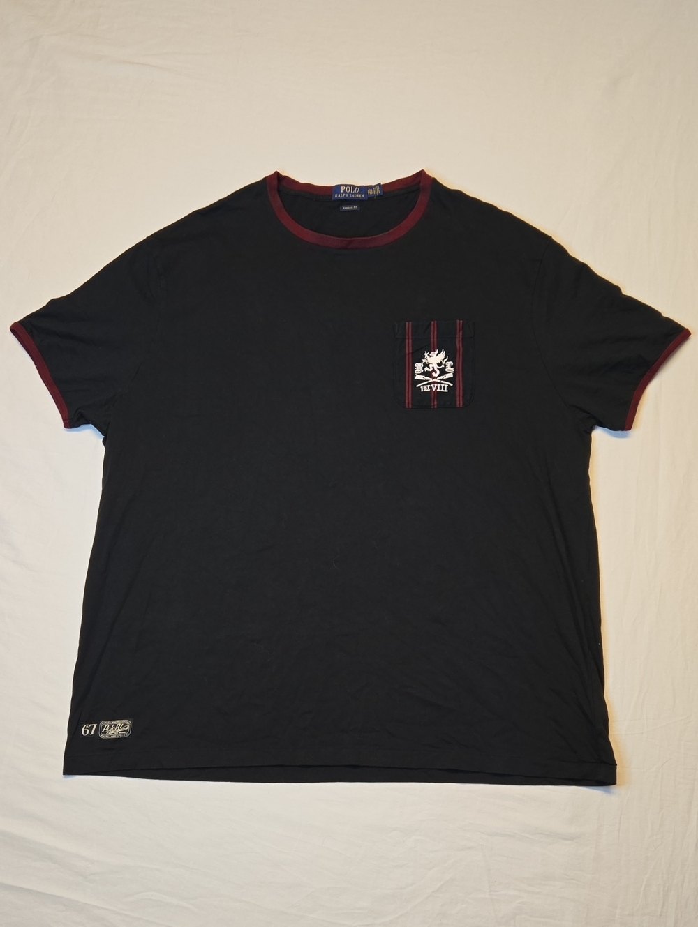 Polo Ralph Lauren Black Crewneck Pocket T-Shirt with Burgundy Trim